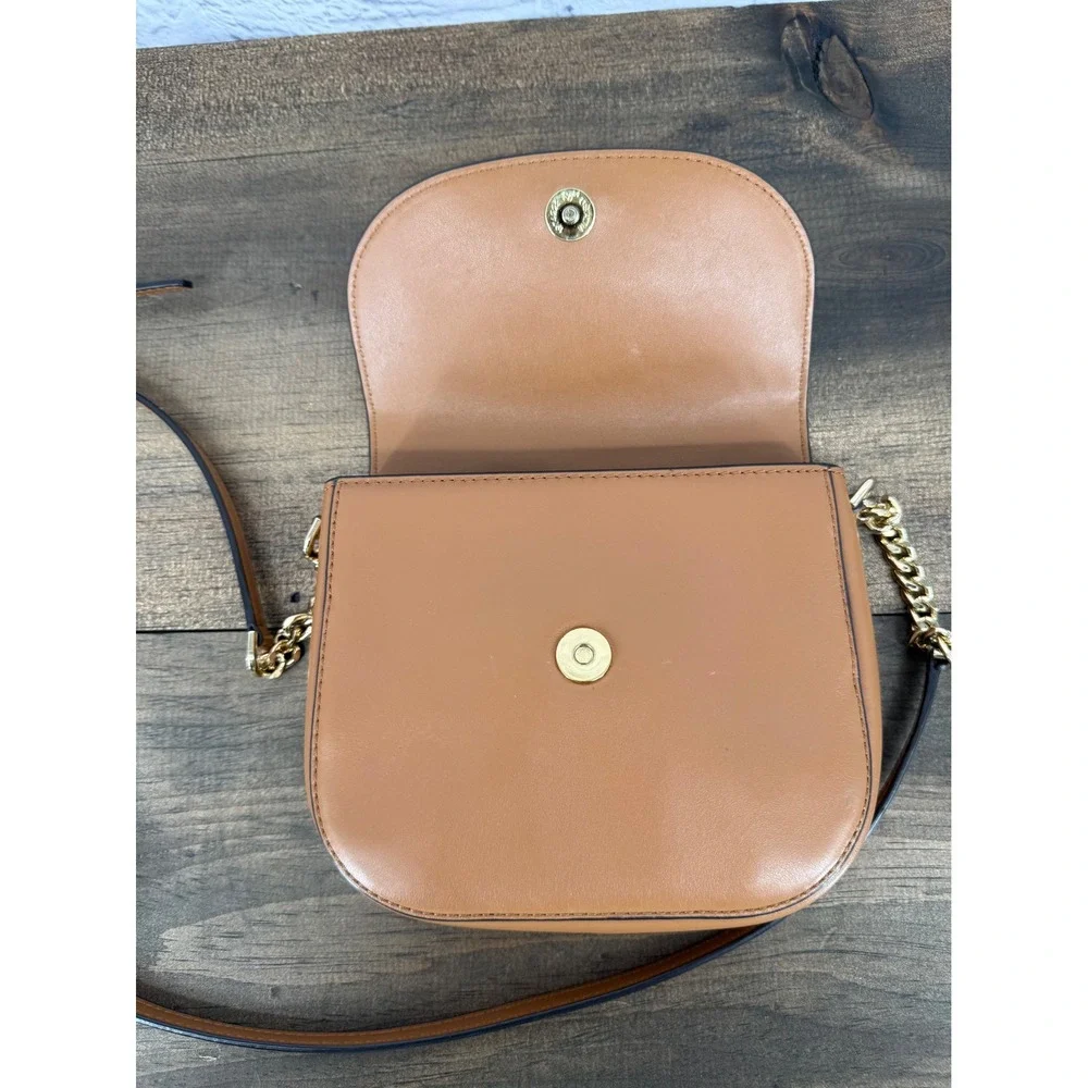 Michael Kors Tan Leather Suede Saddle Crossbody Bag Gold Chain Logo Brown Small